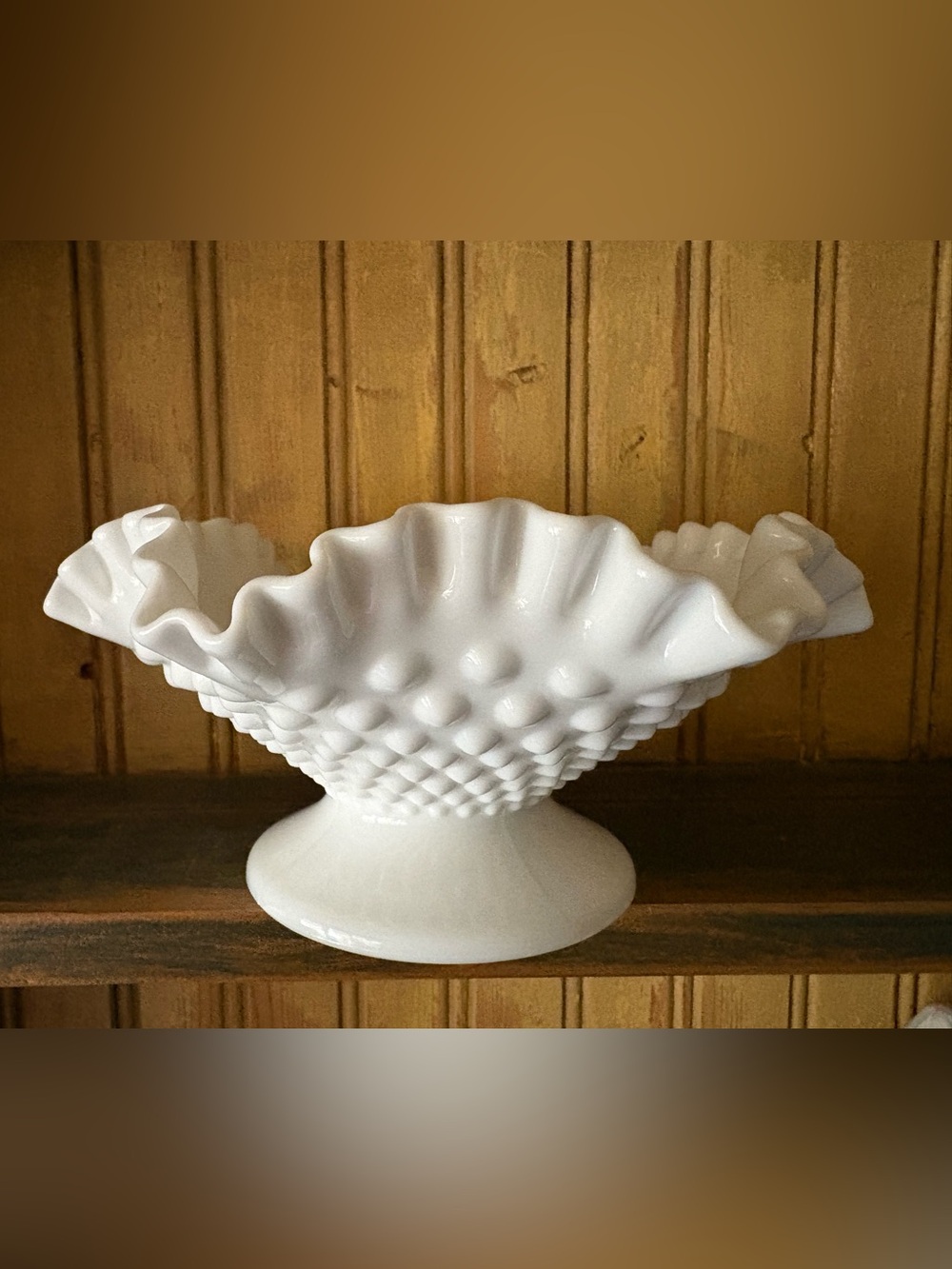Authentic Signed Vintage Fenton White Milk Glass Hobnail Pedestal 7.5” Bowl